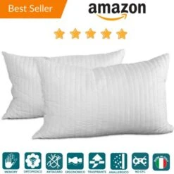 EVERGREENWEB - Coppia Cuscini Memory Foam Con Fodera Antiacaro 40x70 Alti 15cm 2 Guanciali Letto Per Dolori Cervicali Tessuto Sfoderabile Imbottitura 100% Fiocco Ideali X Tutti Materassi Offerta Prime