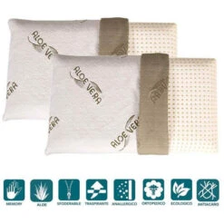EVERGREENWEB - Cuscini Letto Coppia 40x70 BASSI 9 Cm, Modello Saponetta, Imbottitura 100% MEMORY FOAM, Tessuto ALOE VERA Sfoderabili, 2 Guanciali Ortopedici Per Dolori Cervicali Con DISPOSITIVO MEDICO