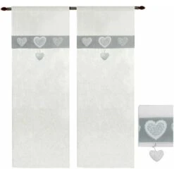 Tende Finestre Porta Interno Tessuto Lino Semitrasparente Coppia 2 Pz Shabby Chic Cuori Grigio - 60x150 Cm
