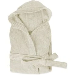 Accappatoio Spugna 100% Cotone Tinta Unita Morbido Uomo Donna Cintura Tasche Cappuccio Panna - XXL