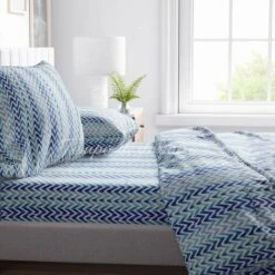 COMPLETO LENZUOLO In Morbida Microfibra ZIG ZAG Blu Matrimoniale 2 PIAZZE No Stiro