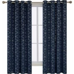 Deconovo Tende Oscuranti Con Motivo Geometrico D'Argento 2 Pezzi 132x114 Cm (LxA) - Blu Navy