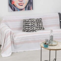 Baroni Home Telo Copritutto In Misto Cotone. 3-in-1 Copriletto Estivo. Plaid E Copridivano. Telo Multiuso Singolo 170x260 Cm - Righe Ecru