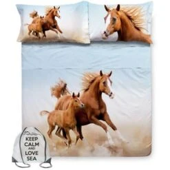 COMPLETO LENZUOLO COPRILETTO Stampa DIGITALE CAVALLI In CORSA Con Sacco KEEP MATRIMONIALE 2 Piazze