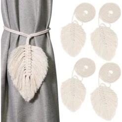 MINKUROW Fermatenda Per Tende, 4 Pezzi Fermatenda Per Tende Foglie Boho Porta Tende In Cotone Macramè Porta Tende Con Coulisse Tenda In Corda Di Cotone Beige