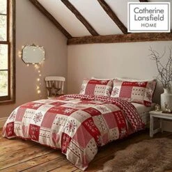 Catherine Lansfield Let It Snow - Set Copripiumino Matrimoniale Facile Da Pulire, Colore: Rosso