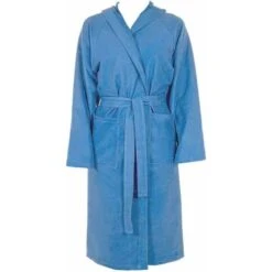 Accappatoio Microfibra Moderno Tinta Unita Morbido Uomo Donna Cintura Tasche Cappuccio Blu - XXL