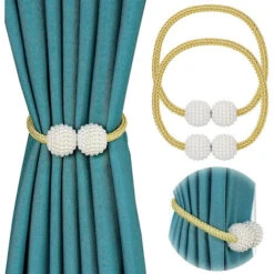 2 Pezzi Fermatende Magnetici Per Tenda Fermatenda Per Tende Con Perle Decorative Per Soggiorno Camera Ufficio - Dorato