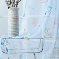 None Set Di 2 Tende Per Camerette Per Bambini Tende Trasparenti Con Motivo Gufo Con Occhielli Interessanti, 140 X 260 Cm, Blu