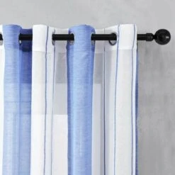 None Set Di 2 Tende Trasparenti Motivo Strisce Linee Geometriche Occhielli 140x220 Cm Per Soggiorno Camera Da Letto Blu Scuro