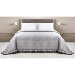 Copriletto Trapuntato Arles Matrimoniale Trapuntino Bicolore Due Piazze Con Balze Volant Coperta Leggera Primavera Estate Grigio/Antracite