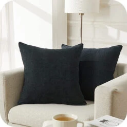 LITZEE Federe Set Di 2 Fodere Per Cuscini 40x40cm Cuscini Decorativi In Ciniglia Per Divano Copricuscini Decorazione Camera Da Letto Quadrato Tinta Unita Per Sedia, Auto, Scrivania, Nero